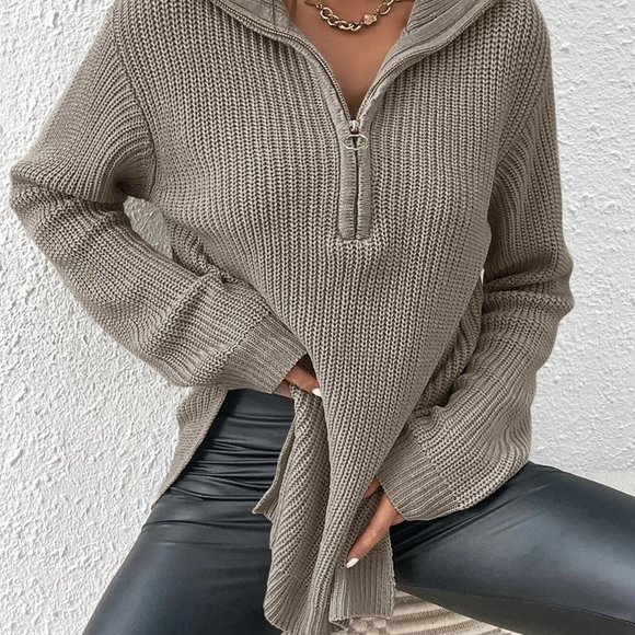 Casual Half Zip Split Hem Sweater Khaki - Picture 3 of 5